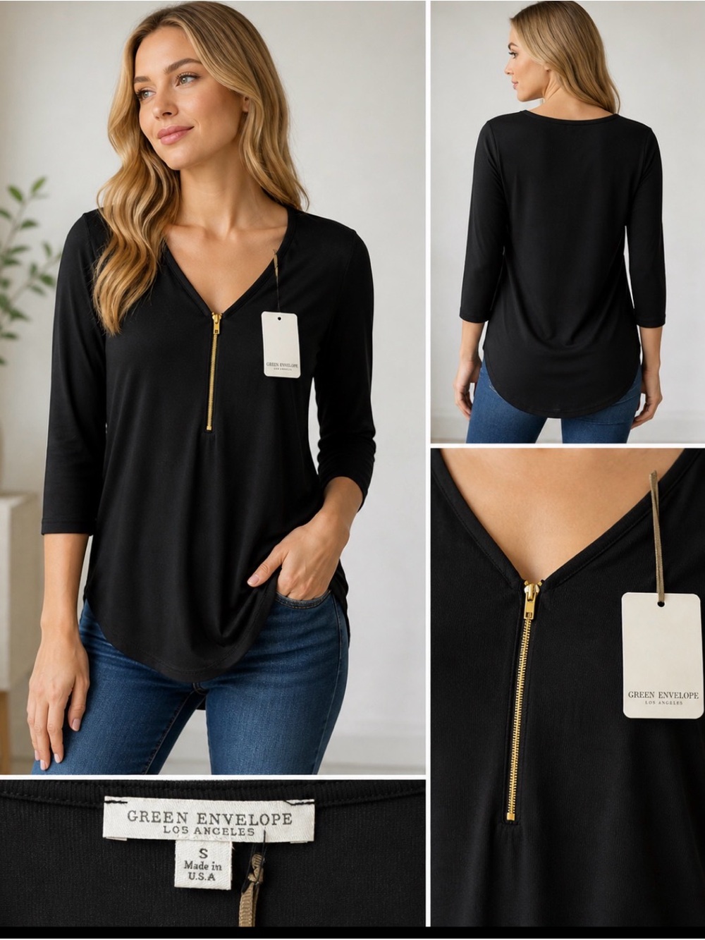 Green Envelope Los Angeles Black Zip Front Top Small NWT 3/4 Sleeve